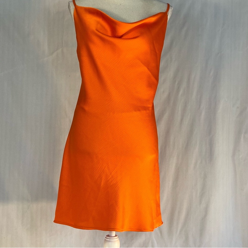 Shinestar Mini Slip Dress Orange Adjustable Spaghetti Straps Drape Neckline M 👍
